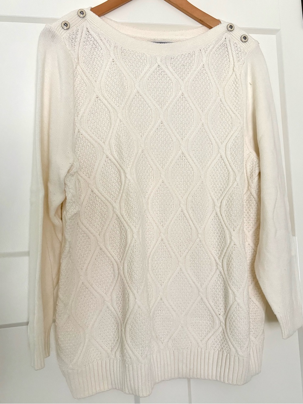 Karen Scott Cream Cable Knit Boatneck Sweater with Shoulder Buttons